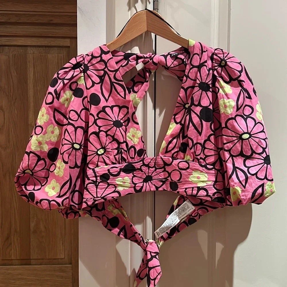 🎀ZARA NWOT puff shoulder floral crop blouse xs - Picture 4 of 13
